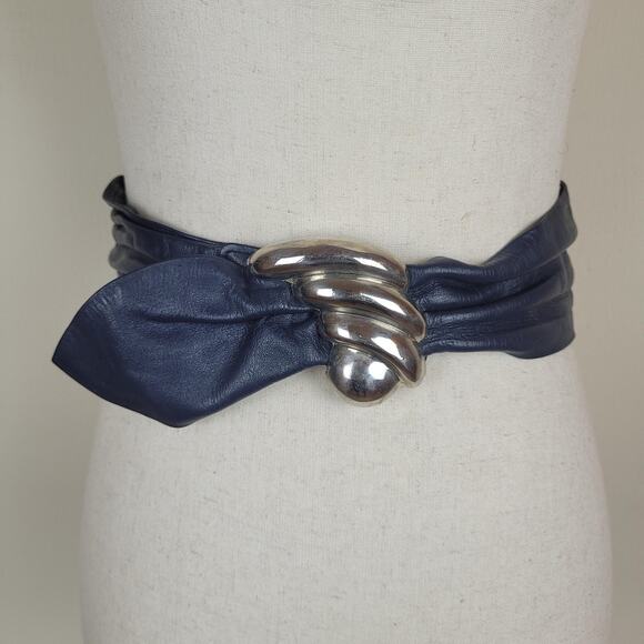 VTG Blue Leather Belt Small Wide Waist Sculptural Buckle Statement 80s Sash main image 6